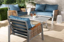 Load image into Gallery viewer, Baxton Studio Nicholson Modern and Contemporary Blue Fabric Upholstered and Grey Finished Metal with Brown Finished PE Rattan 4-Piece Outdoor Patio Lounge Set
