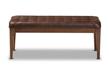 Load image into Gallery viewer, Baxton Studio Walsh Mid-Century Modern Dark Brown Leather-Effect Polyester Fabric Upholstered and Walnut Brown Finished Wood Dining Bench
