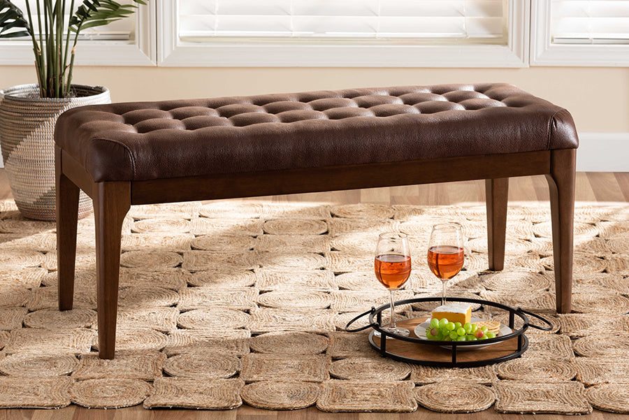Baxton Studio Walsh Mid-Century Modern Dark Brown Leather-Effect Polyester Fabric Upholstered and Walnut Brown Finished Wood Dining Bench