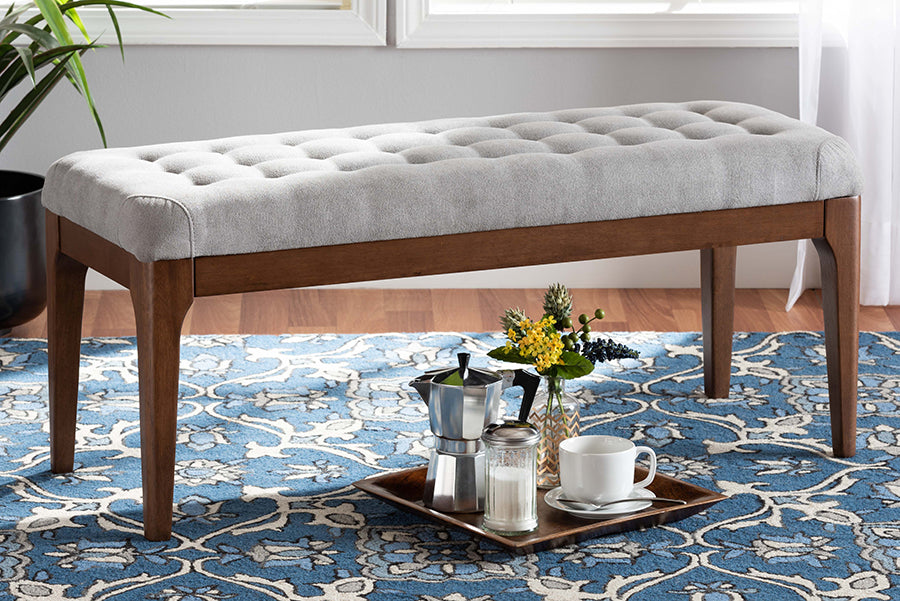 Baxton Studio Walsh Mid-Century Modern Grey Fabric Upholstered and Walnut Brown Finished Wood Dining Bench
