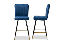 Load image into Gallery viewer, Baxton Studio Preston Modern Luxe and Glam Navy Blue Velvet Fabric Upholstered and Two-Tone Black and Gold Finished Metal 2-Piece Bar Stool Set
