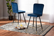 Load image into Gallery viewer, Baxton Studio Preston Modern Luxe and Glam Navy Blue Velvet Fabric Upholstered and Two-Tone Black and Gold Finished Metal 2-Piece Bar Stool Set
