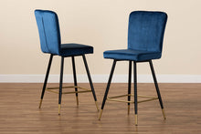 Load image into Gallery viewer, Baxton Studio Preston Modern Luxe and Glam Navy Blue Velvet Fabric Upholstered and Two-Tone Black and Gold Finished Metal 2-Piece Bar Stool Set
