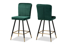 Load image into Gallery viewer, Baxton Studio Preston Modern Luxe and Glam Green Velvet Fabric Upholstered and Two-Tone Black and Gold Finished Metal 2-Piece Bar Stool Set
