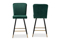 Load image into Gallery viewer, Baxton Studio Preston Modern Luxe and Glam Green Velvet Fabric Upholstered and Two-Tone Black and Gold Finished Metal 2-Piece Bar Stool Set
