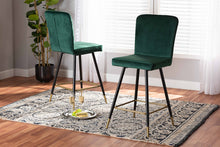 Load image into Gallery viewer, Baxton Studio Preston Modern Luxe and Glam Green Velvet Fabric Upholstered and Two-Tone Black and Gold Finished Metal 2-Piece Bar Stool Set
