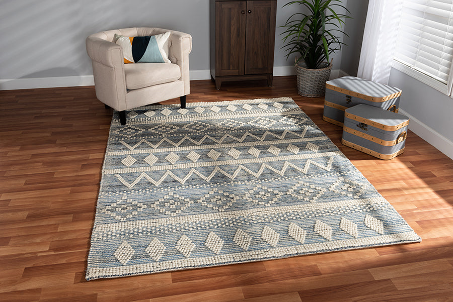Baxton Studio Callum Modern and Contemporary Ivory and Blue Handwoven Wool Blend Area Rug