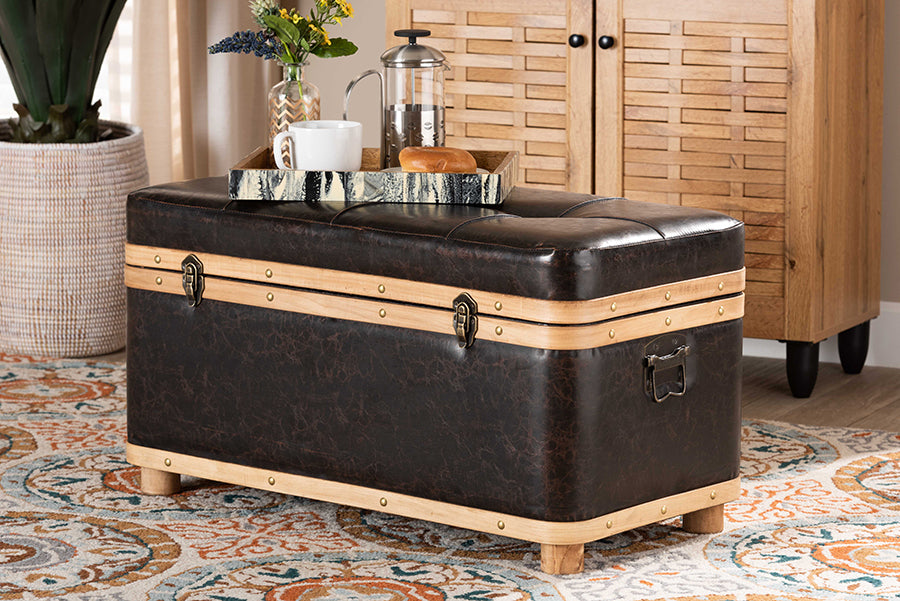 Baxton Studio Gendry Modern Rustic Transitional Dark Brown Faux Leather Upholstered and Oak Brown Finished Wood Large Storage Ottoman
