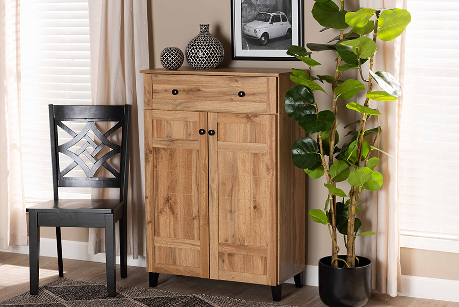 Baxton Studio Glidden Modern and Contemporary Oak Brown Finished Wood 1-Drawer Shoe Storage Cabinet