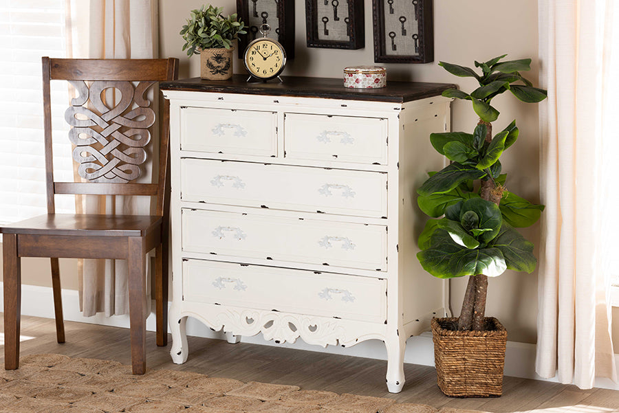 Baxton Studio Levron Classic and Traditional Two-Tone Walnut Brown and Antique White Finished Wood 5-Drawer Storage Cabinet