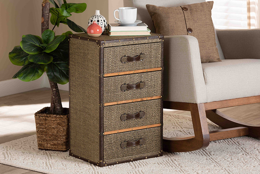 Baxton Studio Owen Mid-Century Modern Brown Fabric Upholstered 4-Drawer Accent Storage Cabinet