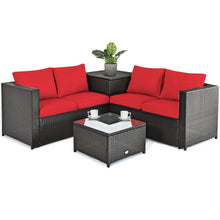 Load image into Gallery viewer, 4 Pcs Outdoor Patio Rattan Furniture Set with Cushioned Loveseat and Storage Box-Red
