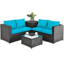 Load image into Gallery viewer, 4 Pcs Outdoor Patio Rattan Furniture Set with Cushioned Loveseat and Storage Box-Turquoise
