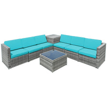 Load image into Gallery viewer, 8 Piece Wicker Sofa Rattan Dinning Set Patio Furniture with Storage Table-Turquoise
