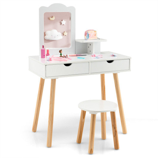 Kid Vanity Table Chair Set with Mirror and 2 Large Storage Drawers-White