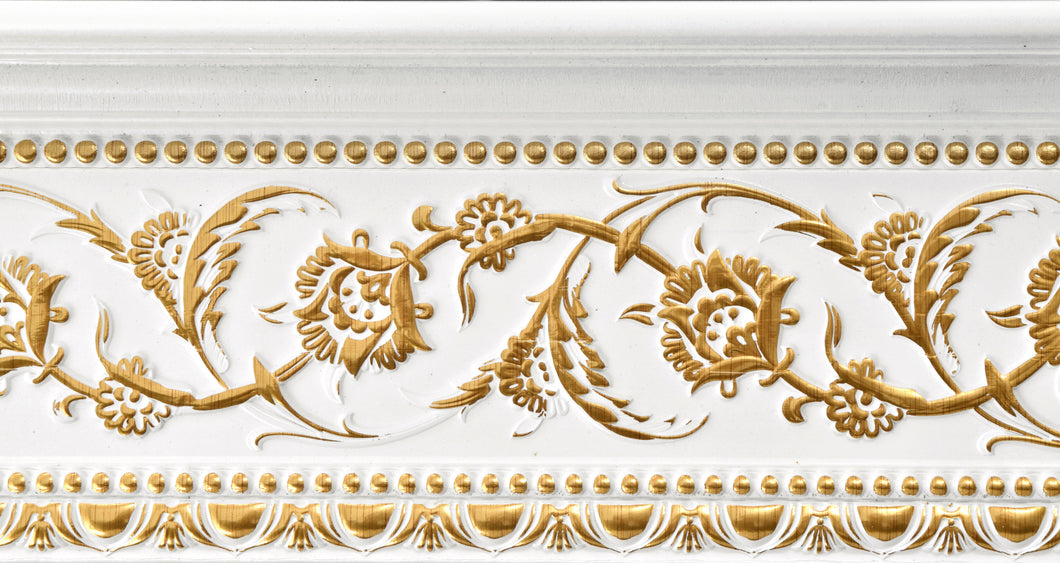 Gold Floral on French White Crown Molding 94 Inch