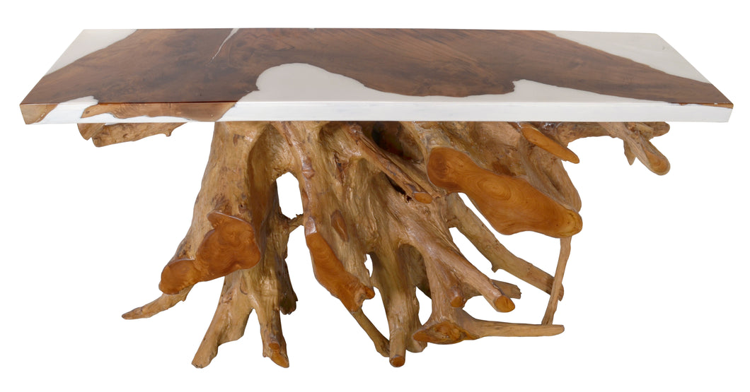 60 Inch Teak Root Console White Resin