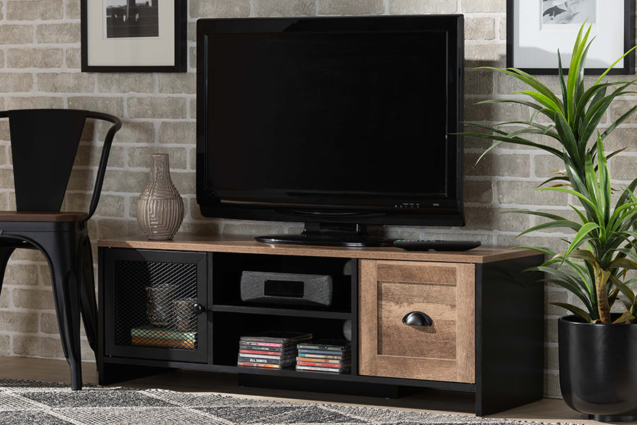 Baxton Studio Connell Modern and Contemporary Industrial Two-Tone Natural Brown and Black Finished Wood and Black Metal 2-Door TV Stand