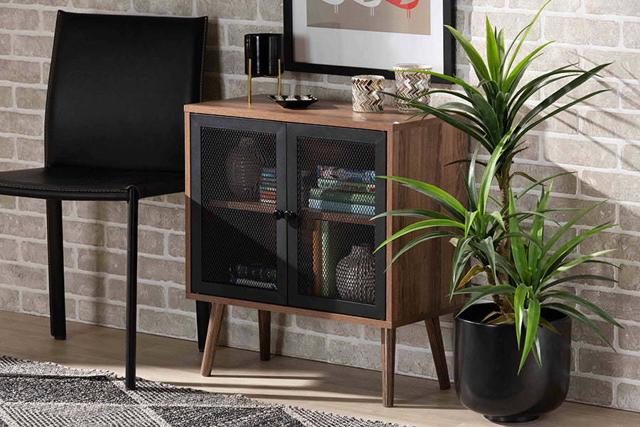 Baxton Studio Yuna Mid-Century Modern Transitional Natural Brown Finished Wood and Black Metal 2-Door Storage Cabinet