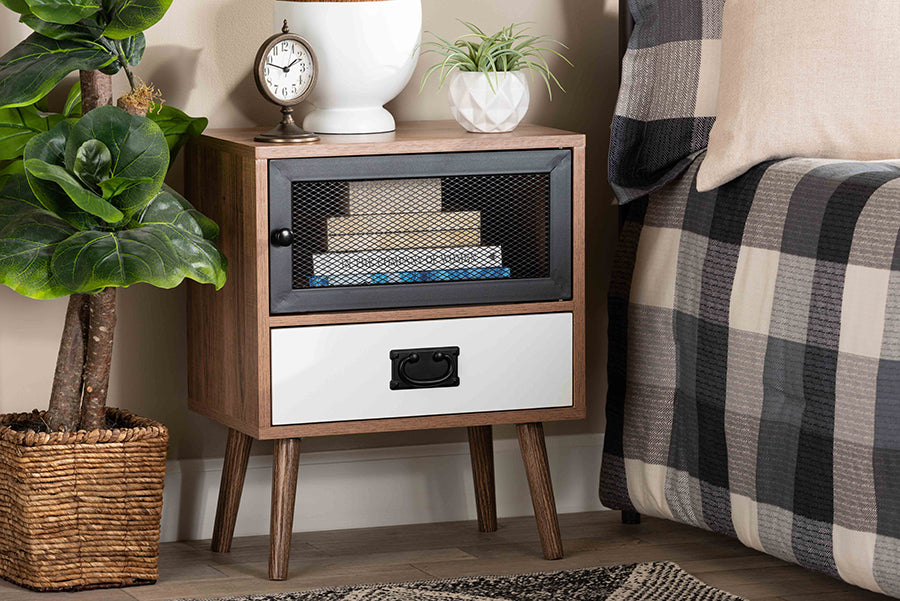 Baxton Studio Hubbard Mid-Century Modern Two-Tone Natural Brown and White Finished Wood and Black Metal 1-Drawer Nightstand