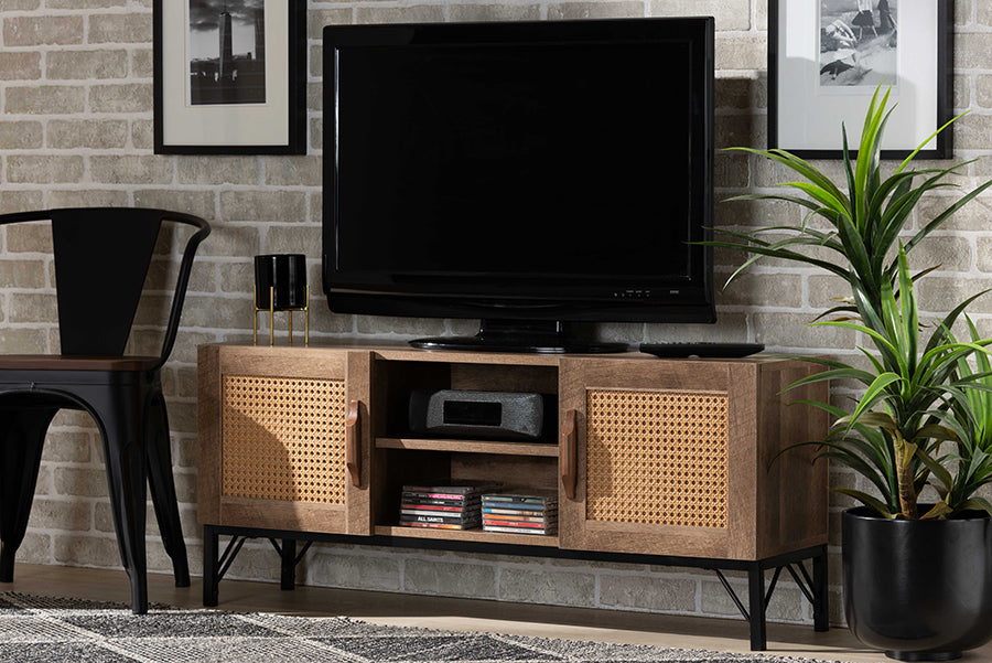 Baxton Studio Veanna Bohemian Natural Brown Finished Wood and Black Metal 2-Door TV Stand with Synthetic Rattan