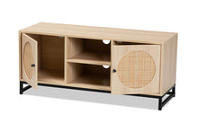 Load image into Gallery viewer, Baxton Studio Ardon Bohemian Light Brown Finished Wood and Black Metal 2-Door TV Stand with Natural Rattan
