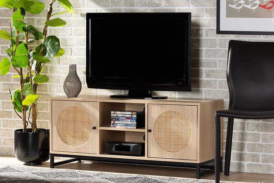 Baxton Studio Ardon Bohemian Light Brown Finished Wood and Black Metal 2-Door TV Stand with Natural Rattan