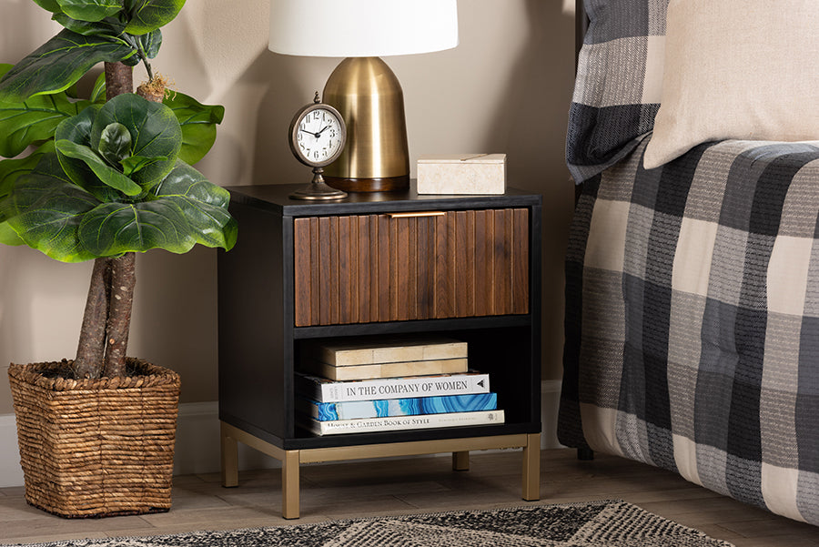 Baxton Studio Uriel Mid-Century Modern Transitional Two-Tone Natural Brown and Black Finished Wood and Brushed Gold Metal 1-Drawer Nightstand