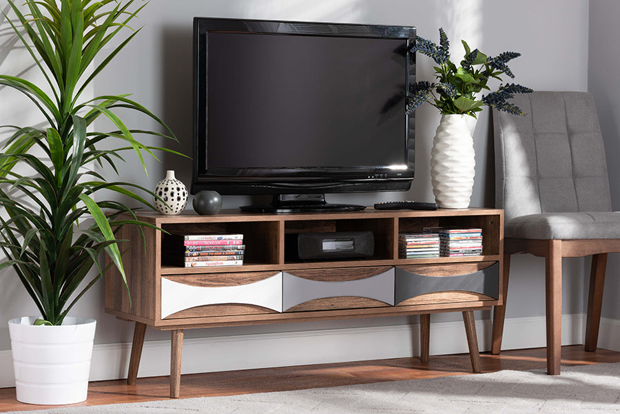 Baxton Studio Leane Modern and Contemporary Natural Brown Finished and Multi-Colored Wood 3-Drawer TV Stand