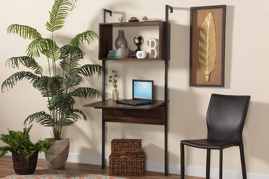Baxton Studio Fariat Modern Industrial Walnut Brown Finished Wood and Black Metal Display Shelf with Desk