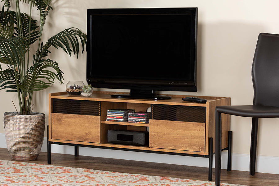 Baxton Studio Tasman Modern and Contemporary Industrial Natural Brown Finished Wood and Black Metal 2-Door TV Stand