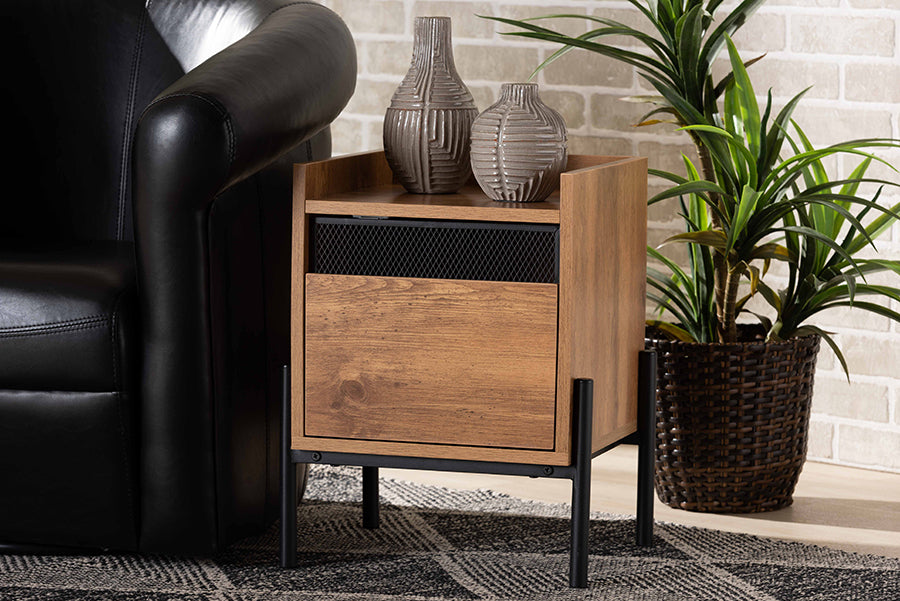 Baxton Studio Tasman Modern and Contemporary Industrial Natural Brown Finished Wood and Black Metal End Table
