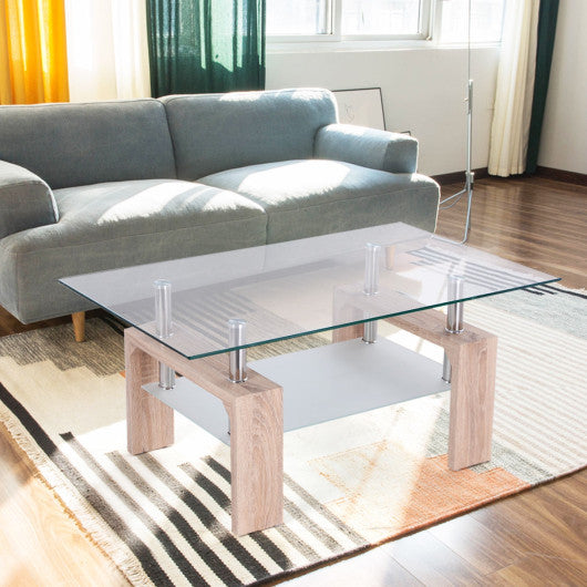 Living Room Rectangular Glass Wood Coffee Table with Shelf