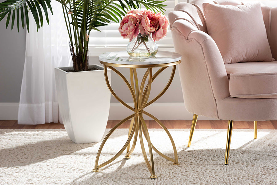 Baxton Studio Jaclyn Modern and Contemporary Gold Finished Metal End Table with Marble Tabletop