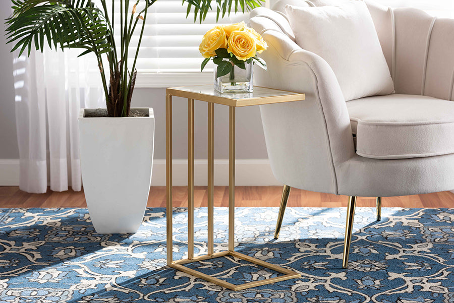 Baxton Studio Parkin Modern and Contemporary Gold Finished Metal C Shaped End Table with Marble Tabletop