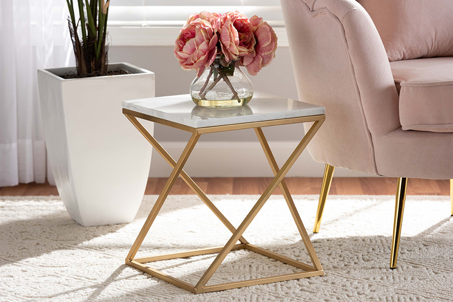 Baxton Studio Hadley Modern and Contemporary Gold Finished Metal End Table with Marble Tabletop