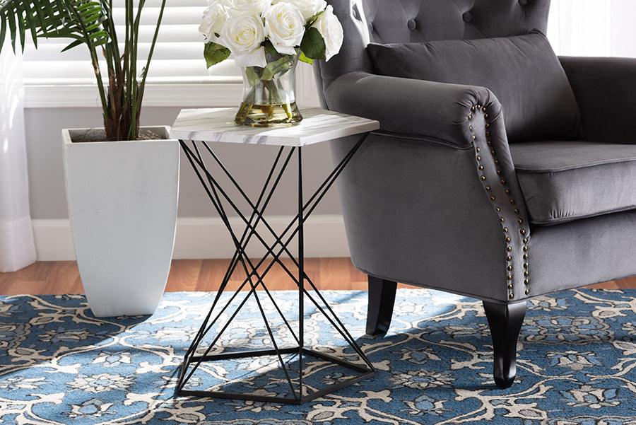 Baxton Studio Oberon Modern and Contemporary Black Finished Metal End Table with Faux Marble Tabletop