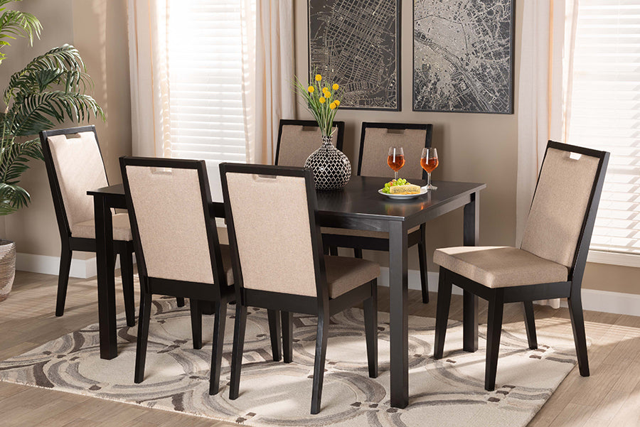 Baxton Studio Rosa Modern and Contemporary Sand Fabric Upholstered and Dark Brown Finished Wood 7-Piece Dining Set