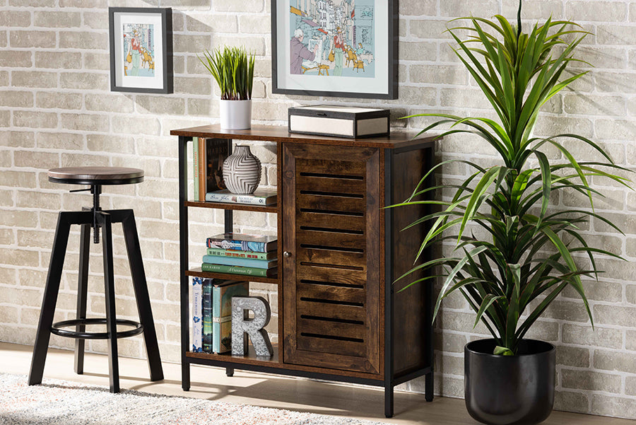 Baxton Studio Wayland Modern and Contemporary Rustic Brown Finished Wood and Black Metal 1-Door Shoe Storage Cabinet