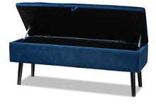 Load image into Gallery viewer, Baxton Studio Caine Modern and Contemporary Navy Blue Velvet Fabric Upholstered and Dark Brown Finished Wood Storage Bench
