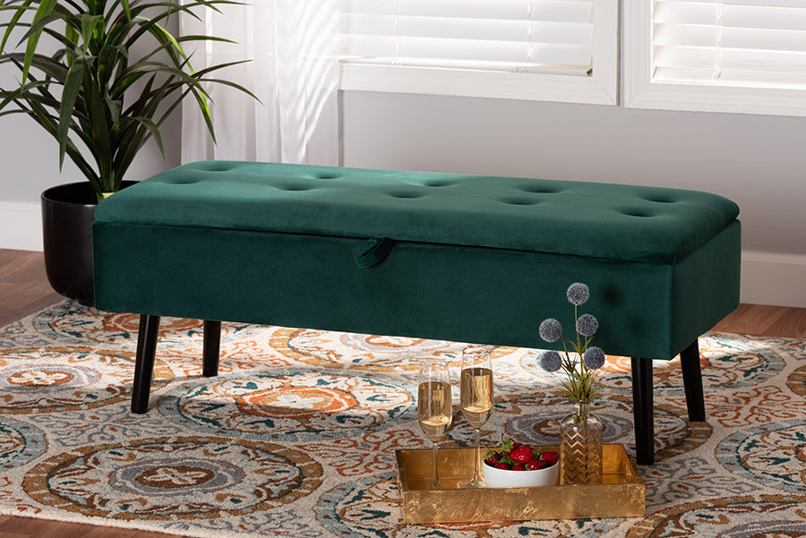 Baxton Studio Caine Modern and Contemporary Green Velvet Fabric Upholstered and Dark Brown Finished Wood Storage Bench
