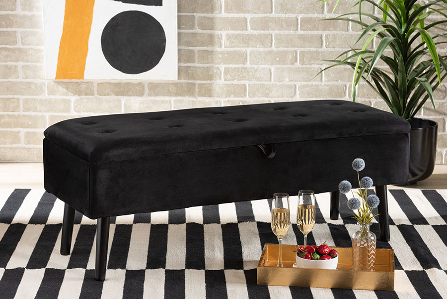 Baxton Studio Caine Modern and Contemporary Black Velvet Fabric Upholstered and Dark Brown Finished Wood Storage Bench