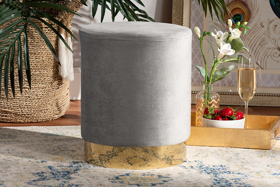 Baxton Studio Chaela Contemporary Glam and Luxe Grey Velvet Fabric Upholstered and Gold Finished Metal Ottoman