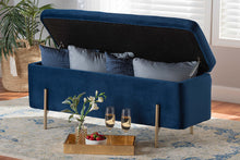 Load image into Gallery viewer, Baxton Studio Rockwell Contemporary Glam and Luxe Navy Blue Velvet Fabric Upholstered and Gold Finished Metal Storage Bench
