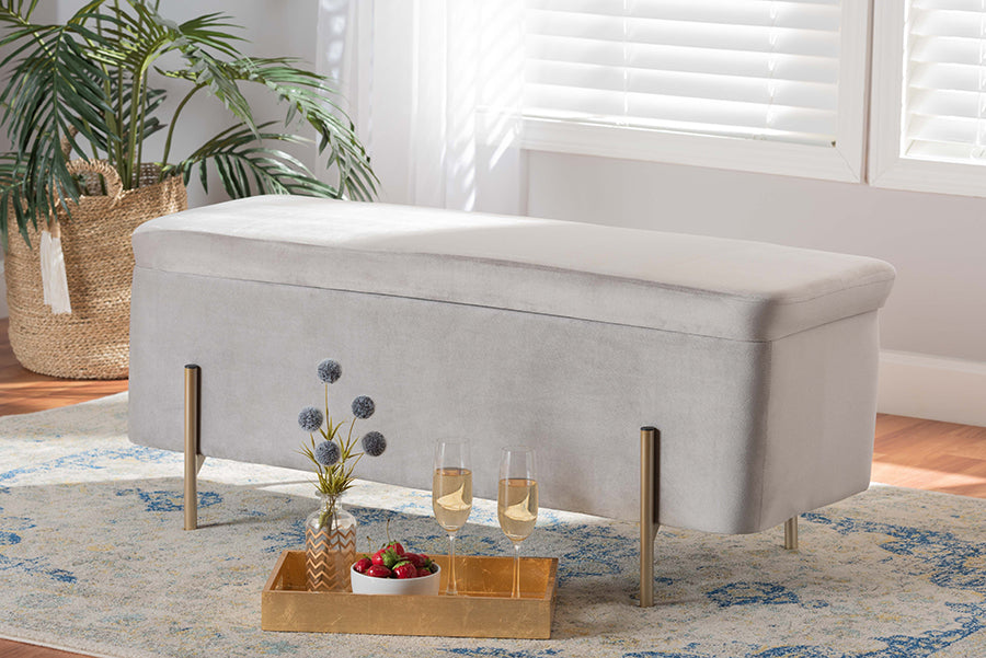 Baxton Studio Rockwell Contemporary Glam and Luxe Grey Velvet Fabric Upholstered and Gold Finished Metal Storage Bench