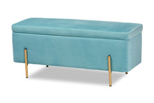 Load image into Gallery viewer, Baxton Studio Rockwell Contemporary Glam and Luxe Sky Blue Velvet Fabric Upholstered and Gold Finished Metal Storage Bench
