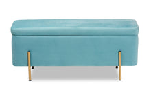 Load image into Gallery viewer, Baxton Studio Rockwell Contemporary Glam and Luxe Sky Blue Velvet Fabric Upholstered and Gold Finished Metal Storage Bench

