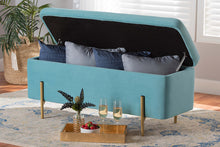 Load image into Gallery viewer, Baxton Studio Rockwell Contemporary Glam and Luxe Sky Blue Velvet Fabric Upholstered and Gold Finished Metal Storage Bench
