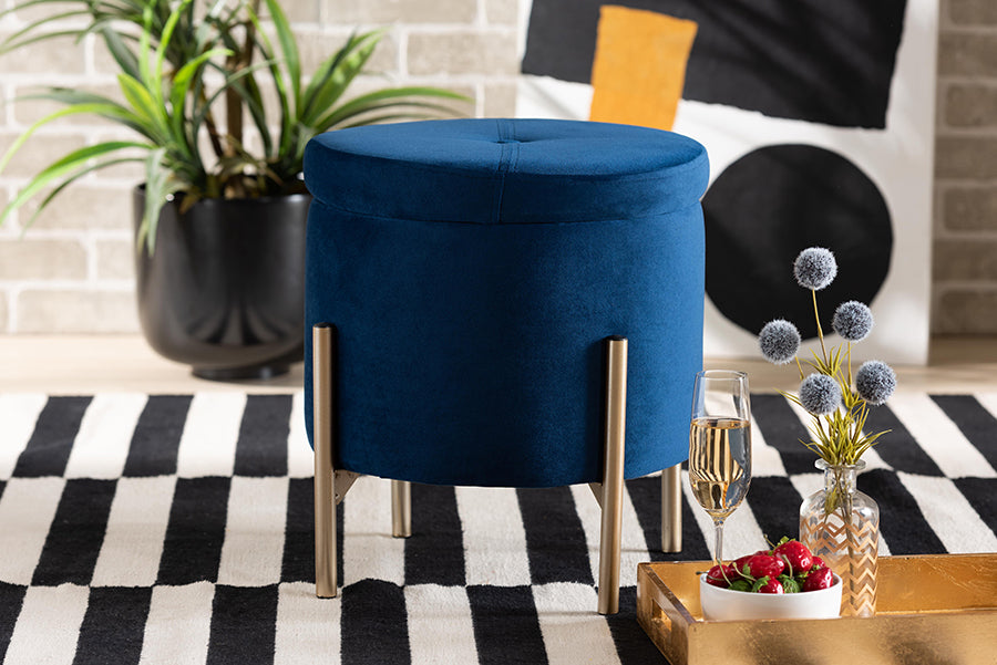 Baxton Studio Malina Contemporary Glam and Luxe Navy Blue Velvet Fabric Upholstered and Gold Finished Metal Storage Ottoman
