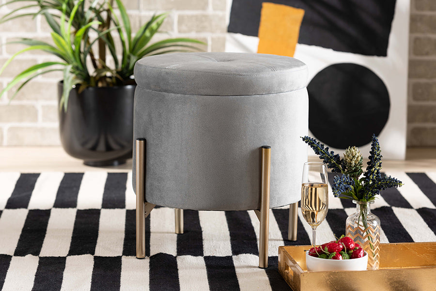 Baxton Studio Malina Contemporary Glam and Luxe Grey Velvet Fabric Upholstered and Gold Finished Metal Storage Ottoman